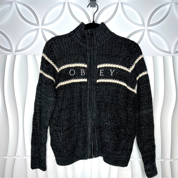 Obey Worldwide Zip Up Cardigan Sweater with Pockets - Picture 1 of 4